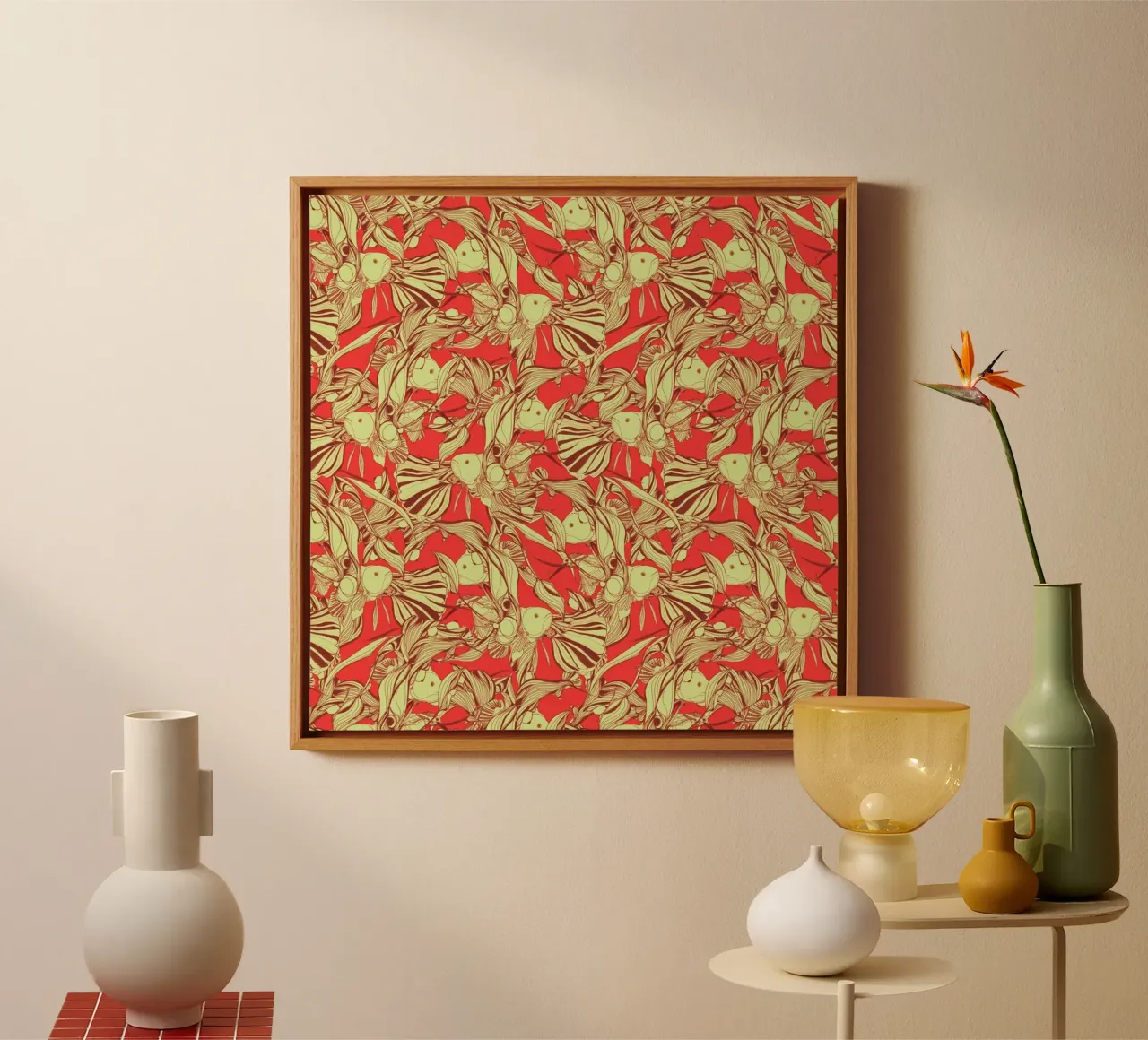 Birds And Fish Red tela con Cornice a cassetta da Giulio Iurissevich