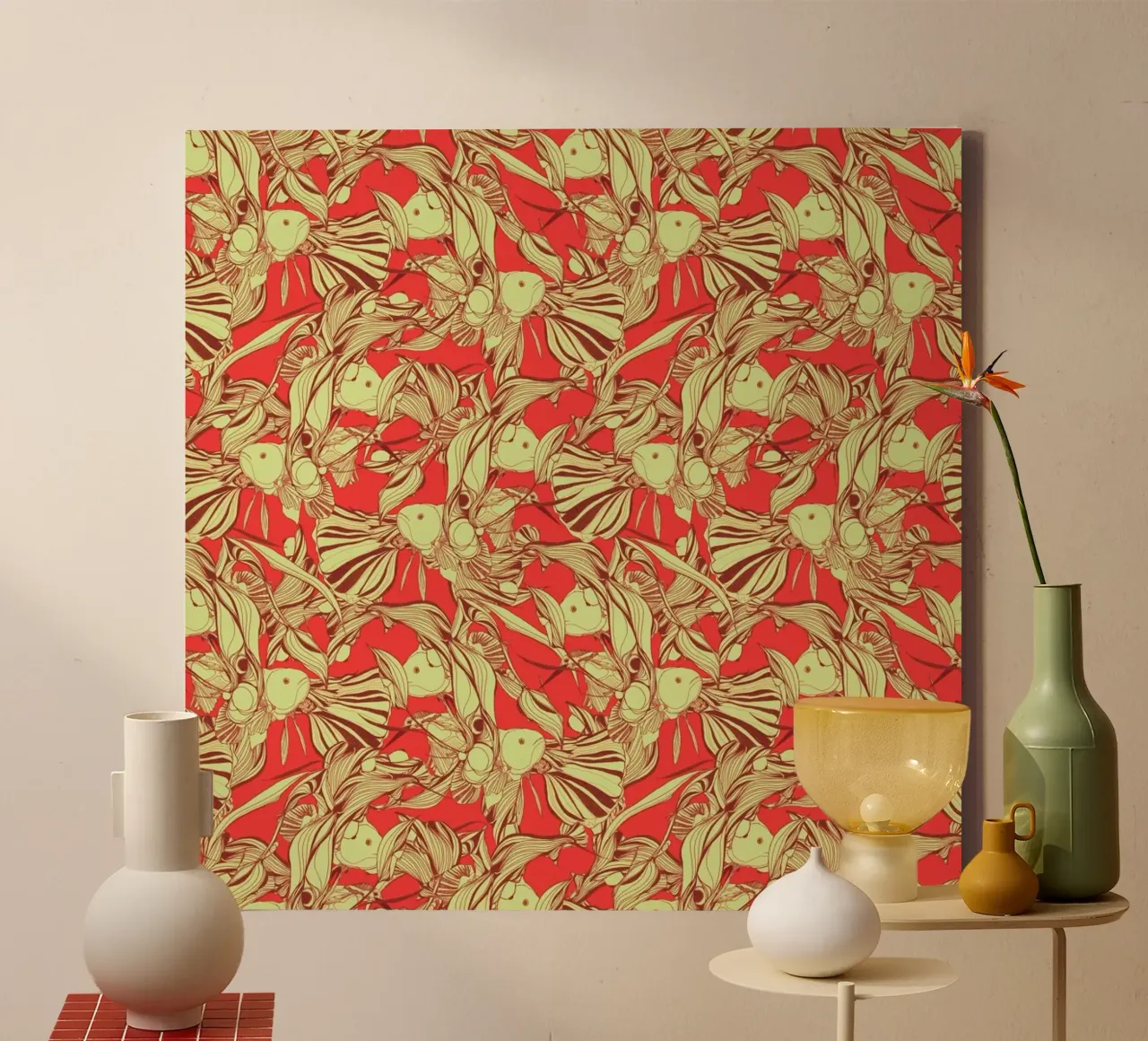 Birds And Fish Red tela con Cornice a cassetta da Giulio Iurissevich