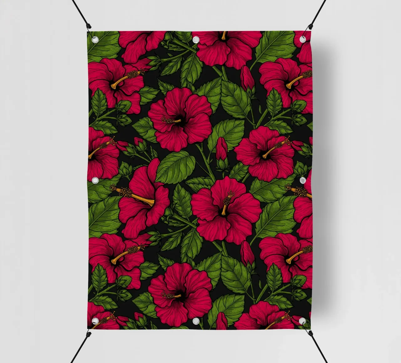 Ibisco rosso, foglie verdi su nero telo in pvc da Painted Nature