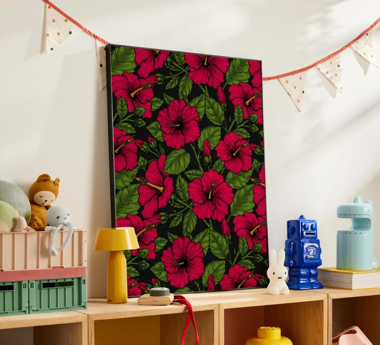 Ibisco rosso, foglie verdi su nero alluminio dibond da Painted Nature