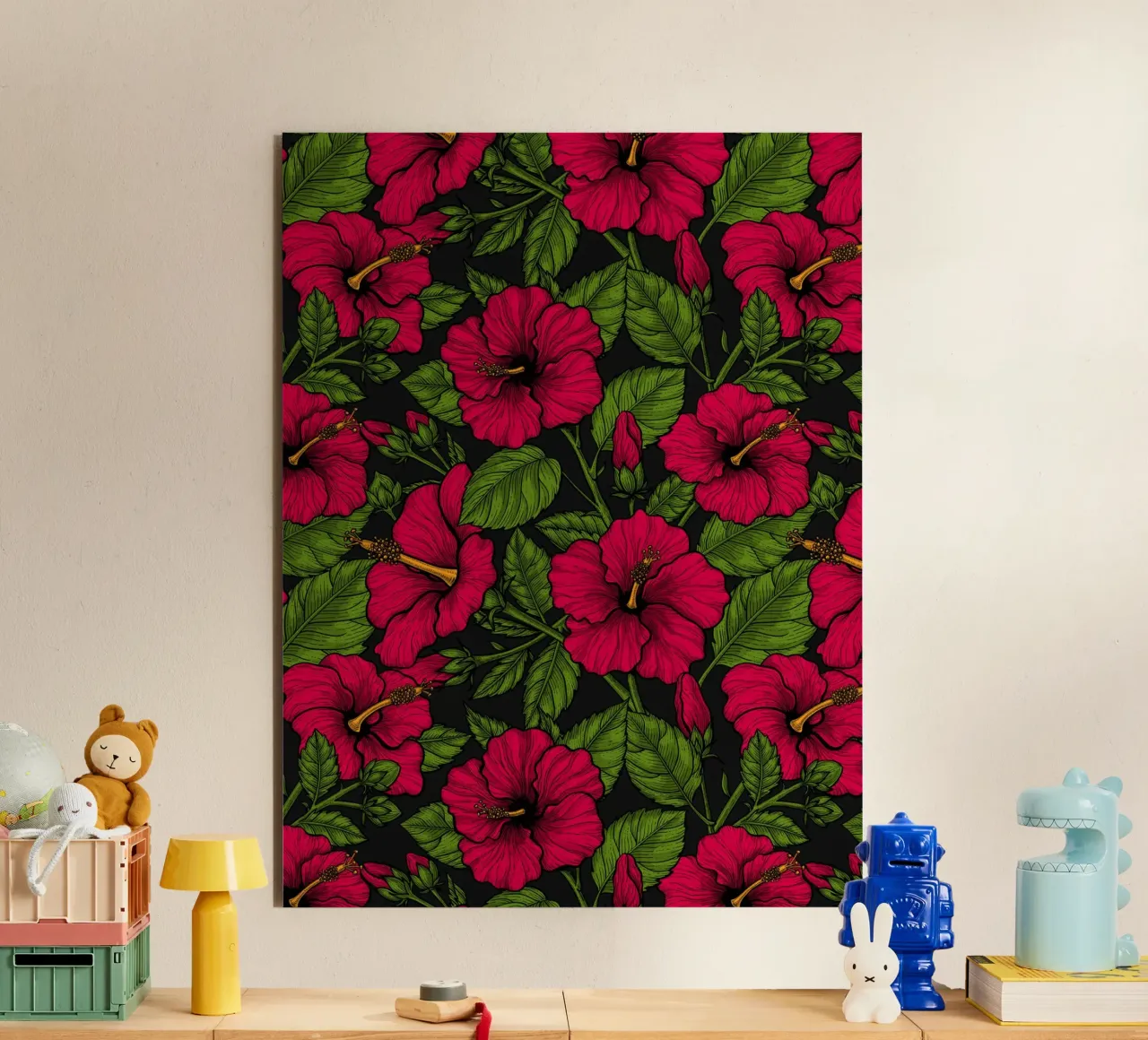 Ibisco rosso, foglie verdi su nero alluminio dibond da Painted Nature