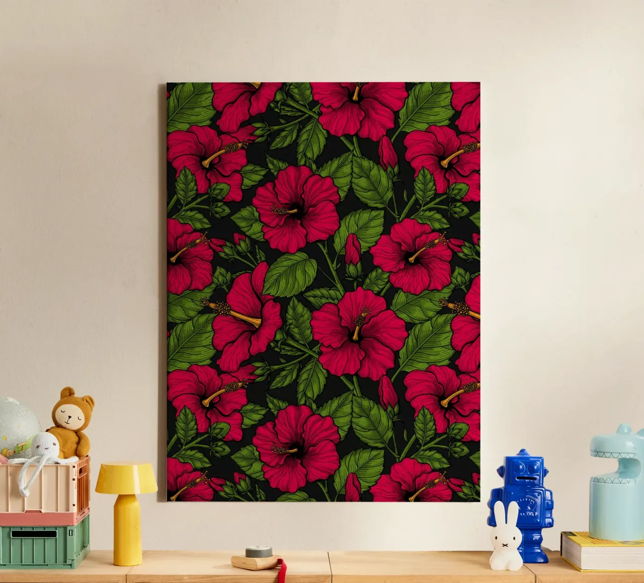 Ibisco rosso, foglie verdi su nero tela con Cornice a cassetta da Painted Nature