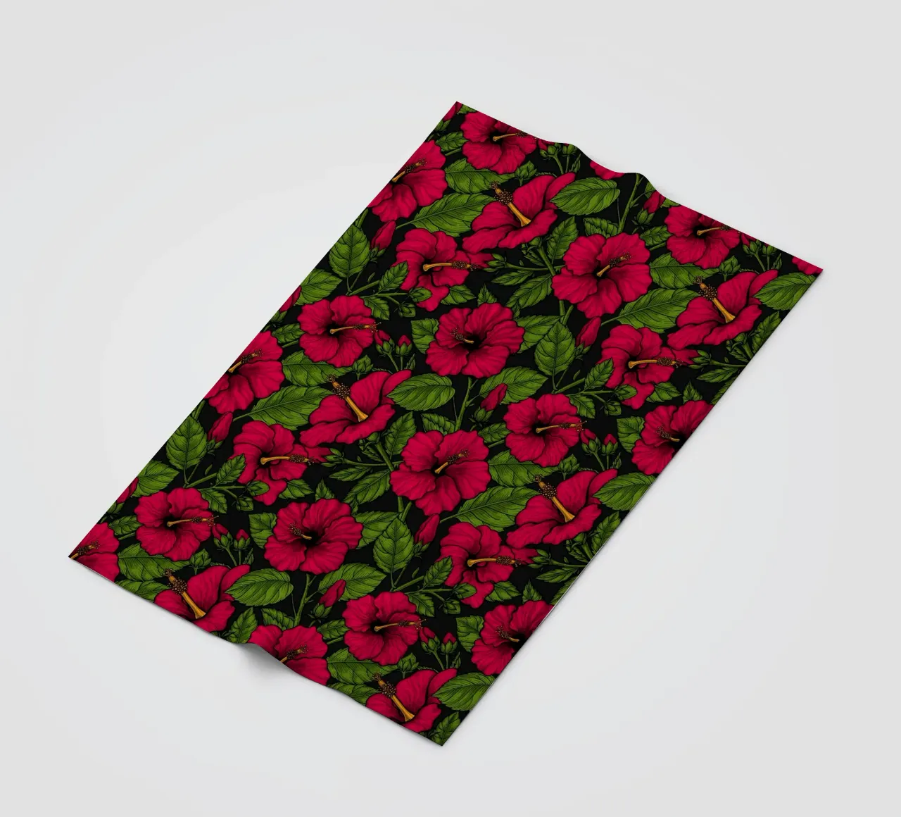 Ibisco rosso, foglie verdi su nero coperta in pile da Painted Nature