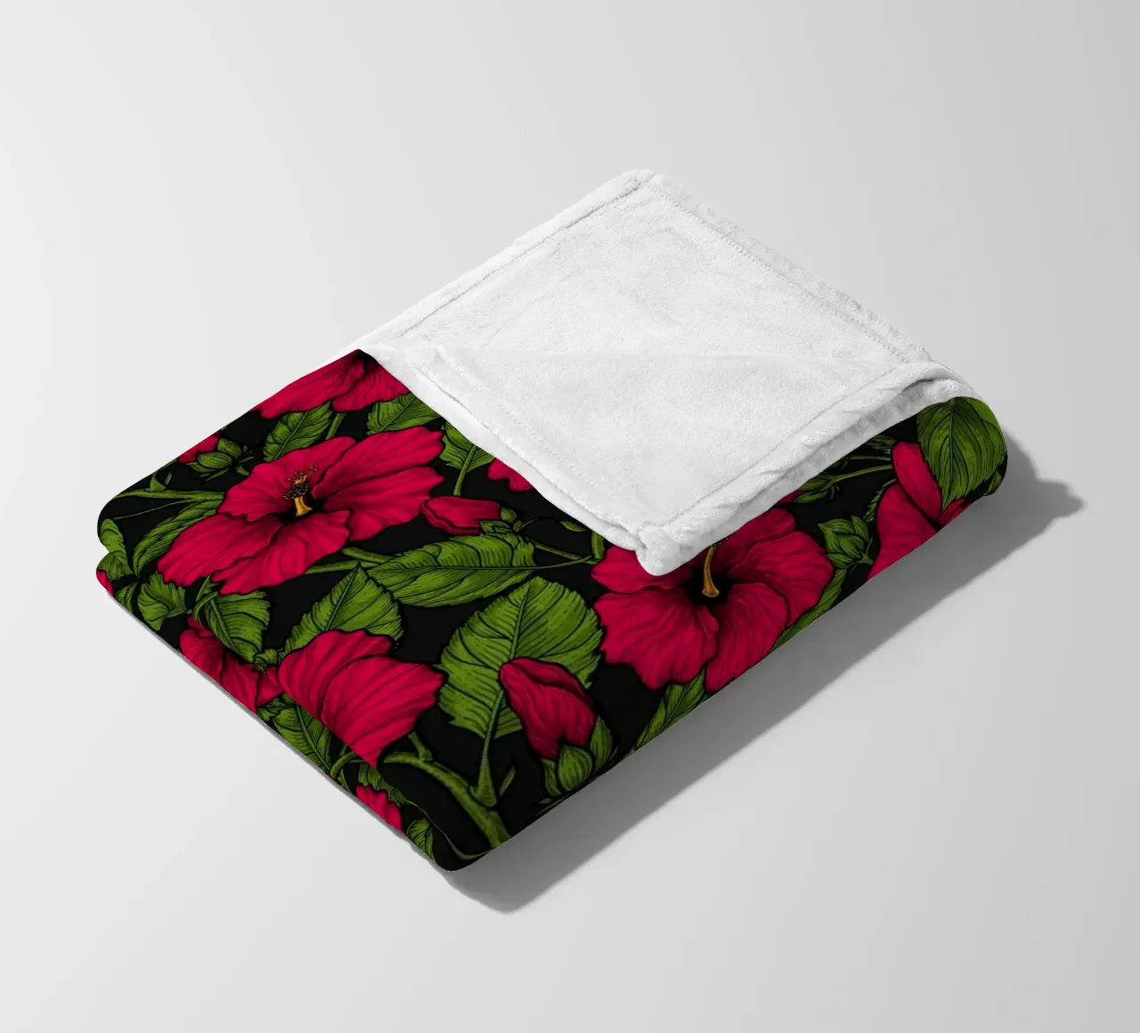 Ibisco rosso, foglie verdi su nero coperta in pile da Painted Nature