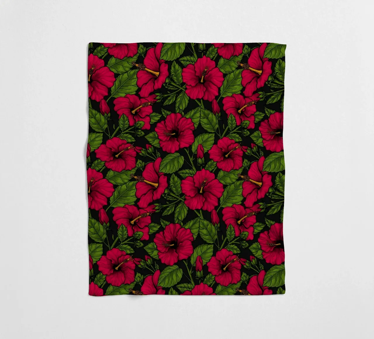 Ibisco rosso, foglie verdi su nero coperta in pile da Painted Nature