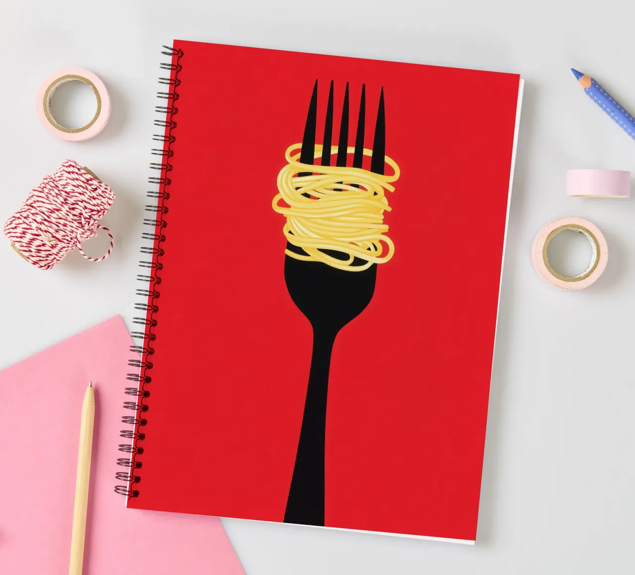 Minimalist red spaghetti motif with black fork spiral notebook by Autofocus