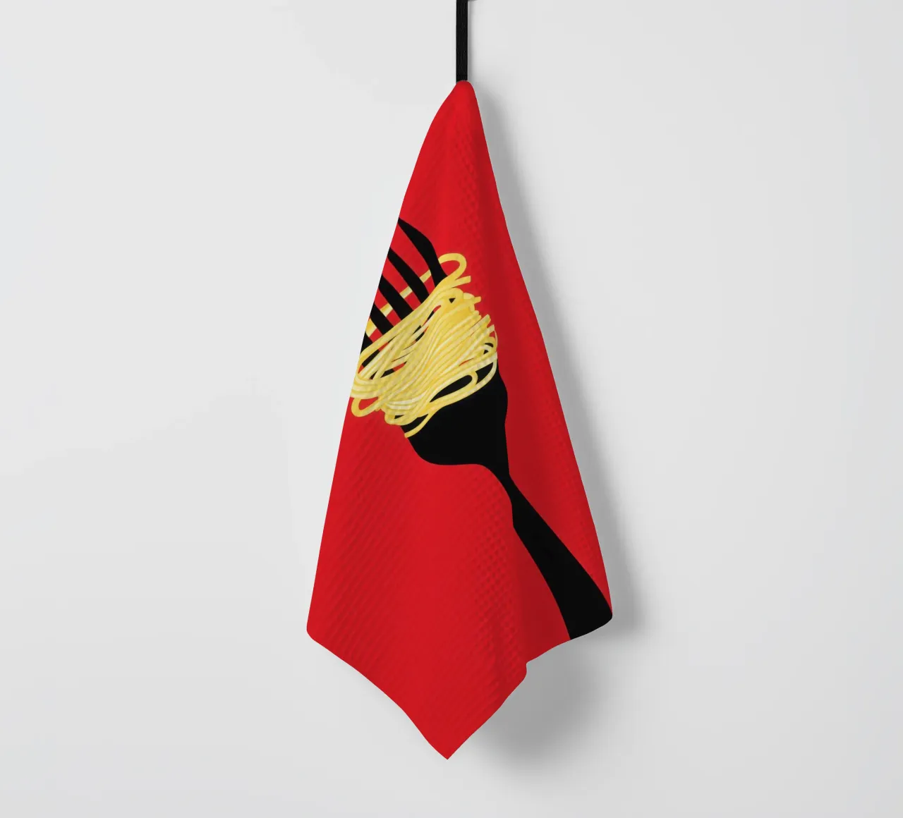 Minimalist red spaghetti motif with black fork tea towel by Autofocus