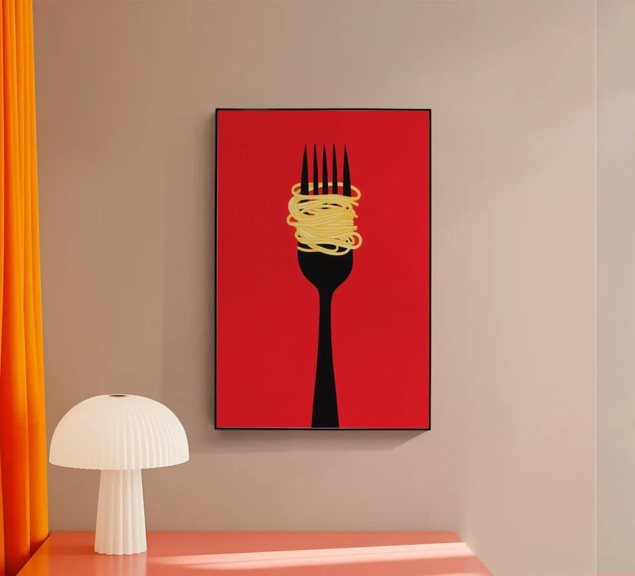 Motivo minimalista di spaghetti rossi con forchetta nera plexiglass da Autofocus
