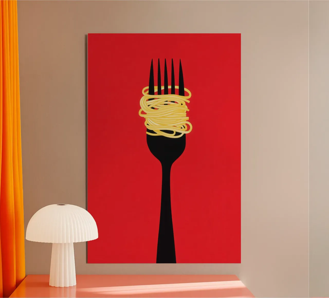 Minimalist red spaghetti motif with black fork alu-dibond by Autofocus