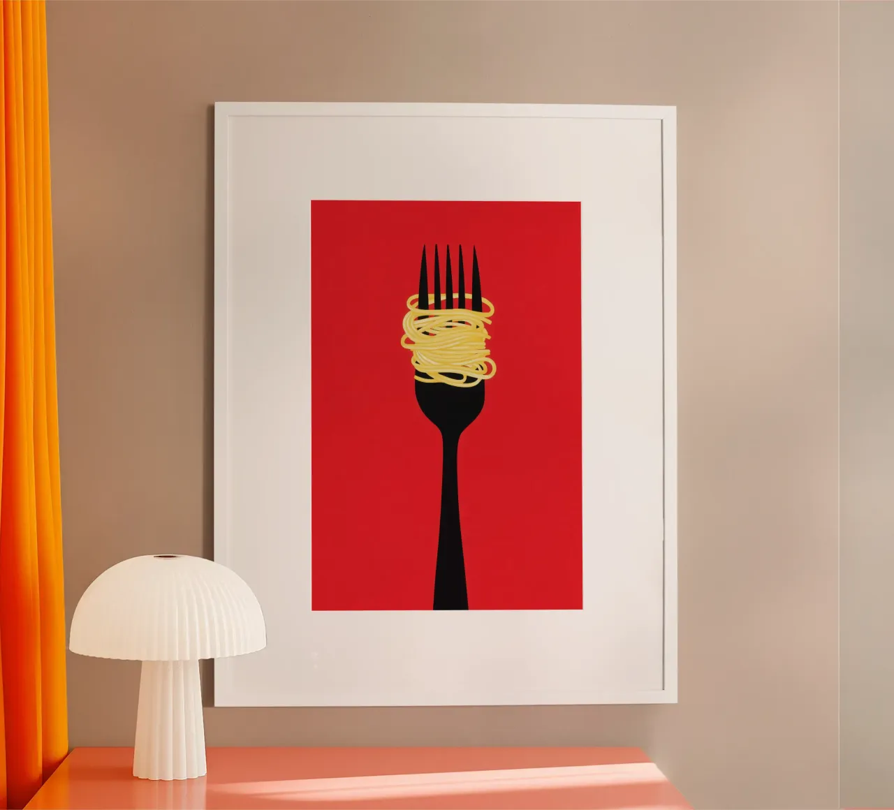 Motivo minimalista di spaghetti rossi con forchetta nera poster da Autofocus