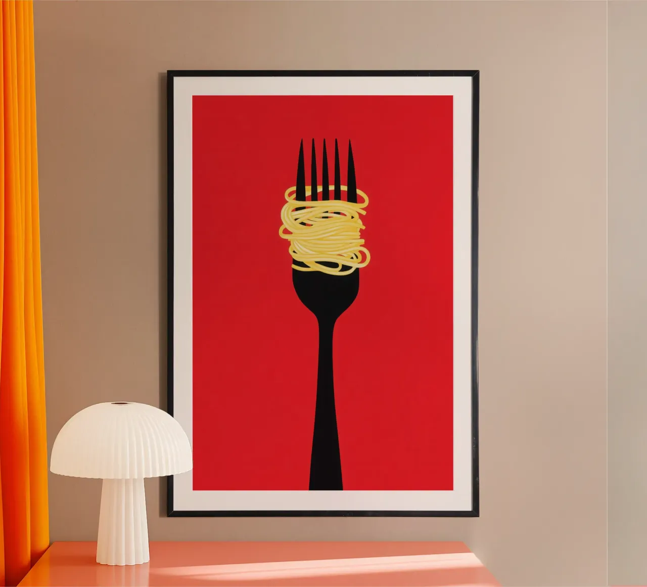 Minimalist red spaghetti motif with black fork hahnemühle by Autofocus