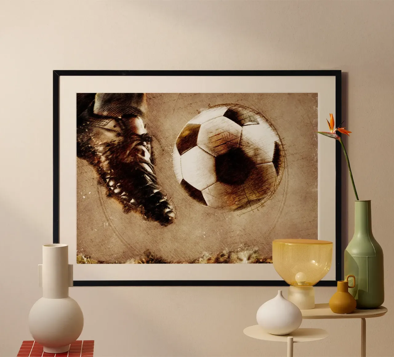 Giocatore di calcio sport art poster con telaio in legno da Justyna Jaszke JBJart