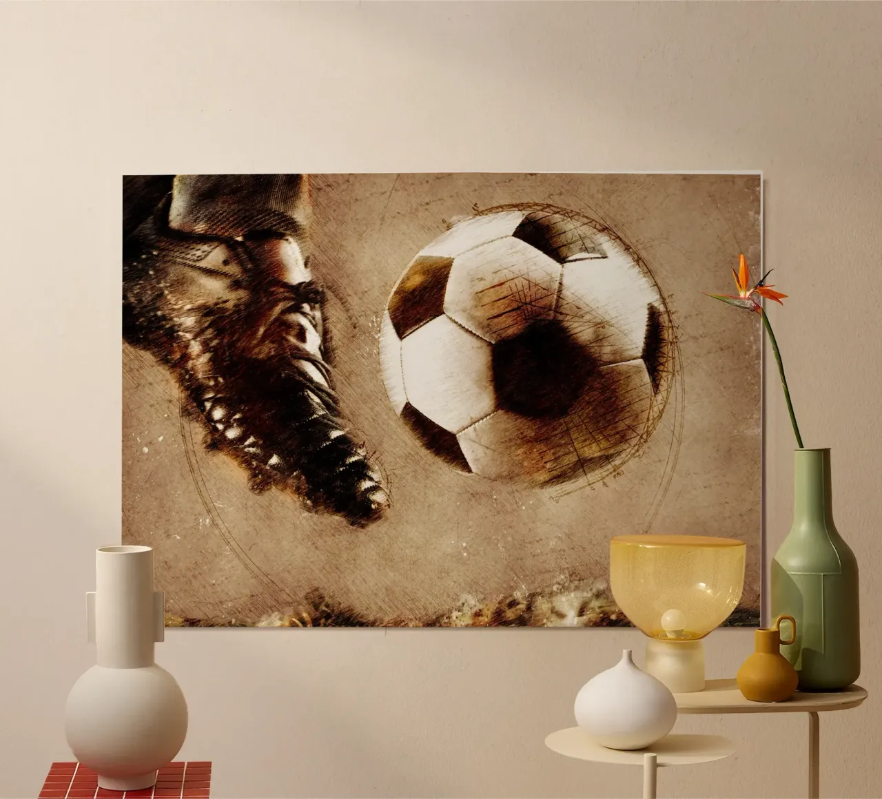 Giocatore di calcio sport art poster con telaio in legno da Justyna Jaszke JBJart
