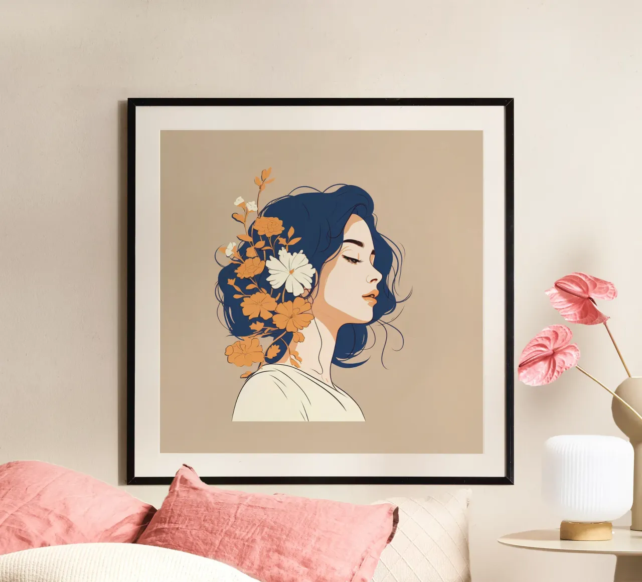 Serene profile of a woman poster con telaio in legno da LisaArtes