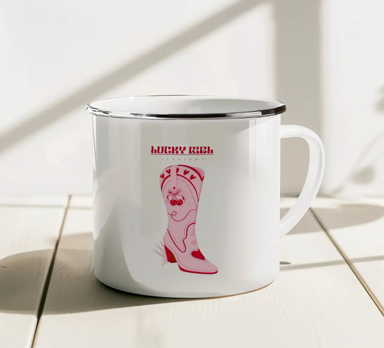 Síndrome de la chica afortunada taza de esmalte de Kika illu