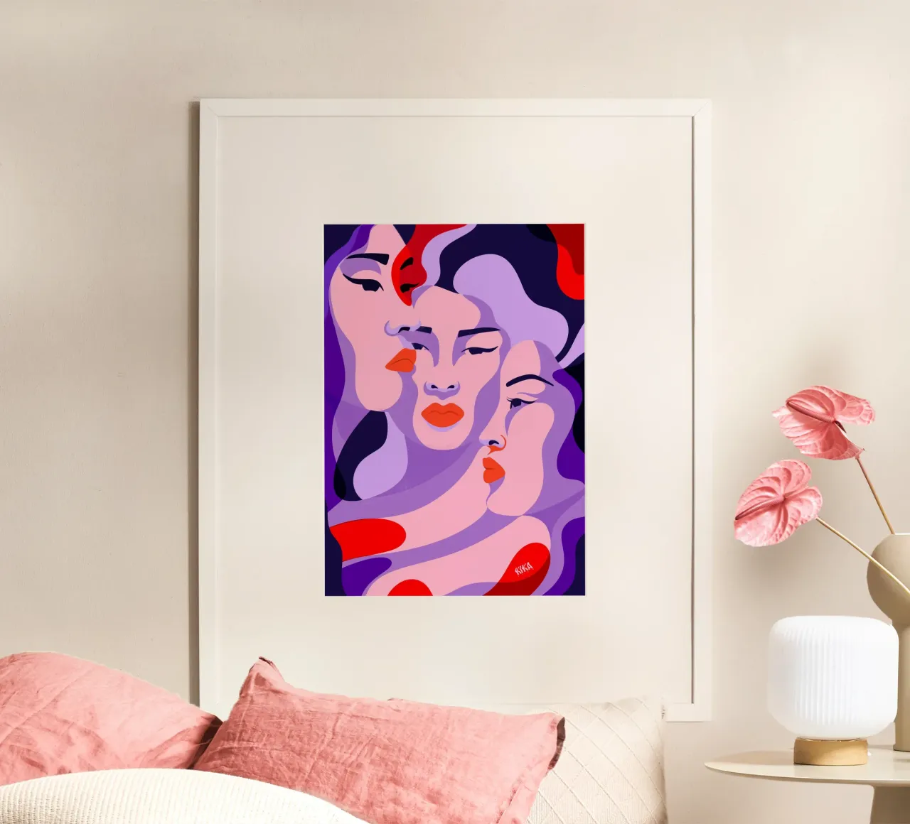 Sisters in Purple poster met houten frame van Kika illu