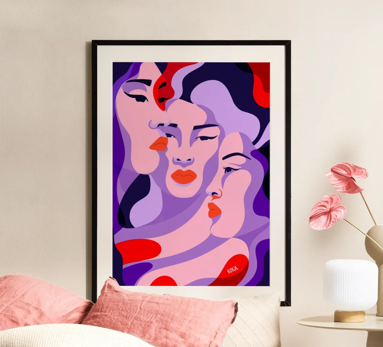 Sisters in Purple poster met houten frame van Kika illu