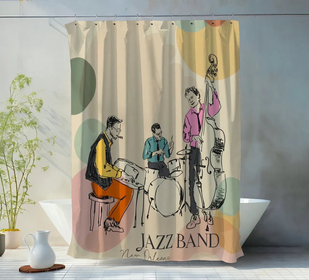 Jazz band shower curtain by Indigo Rain