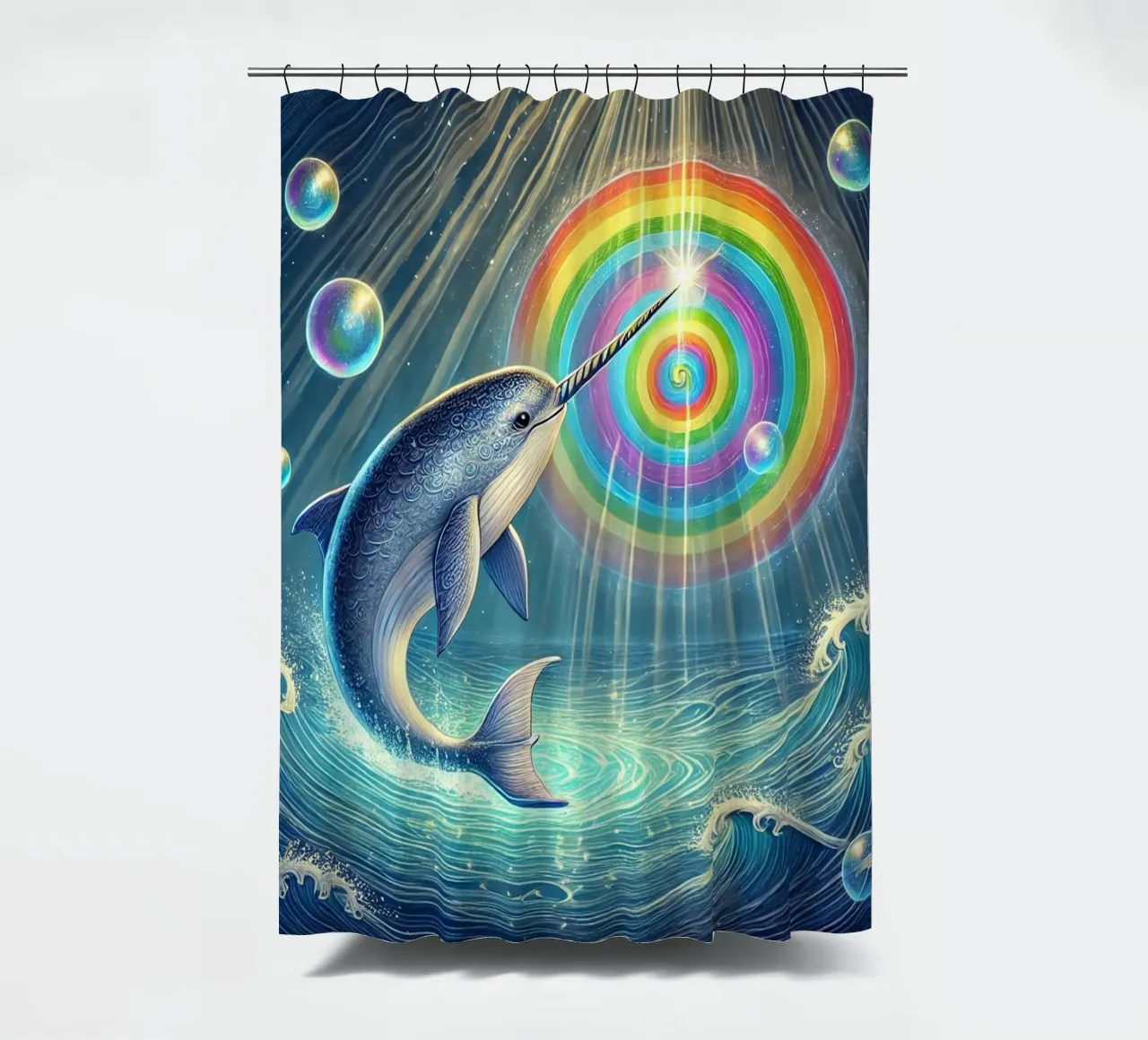 Magischer Narwal's Regenbogen Kunst Duschvorhang von FluffyToons
