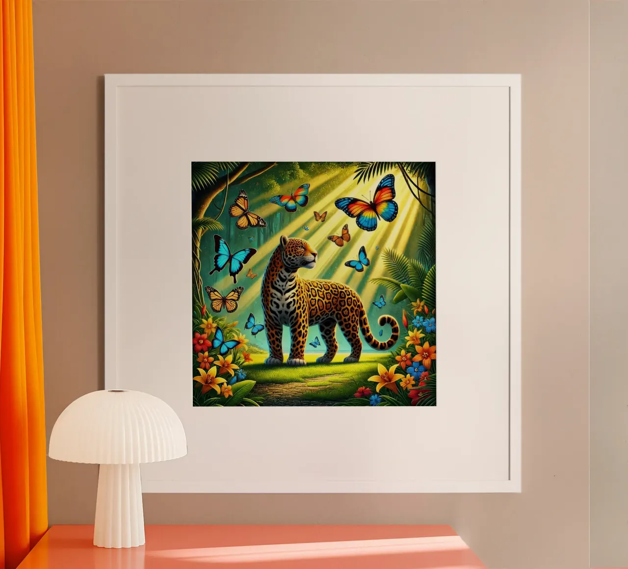 Giaguaro tropicale a cartoni animati poster con telaio in plastica da FluffyToons