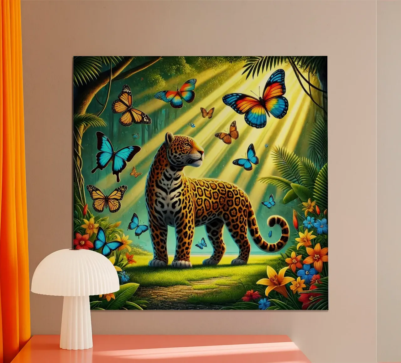 Giaguaro tropicale a cartoni animati poster con telaio in plastica da FluffyToons