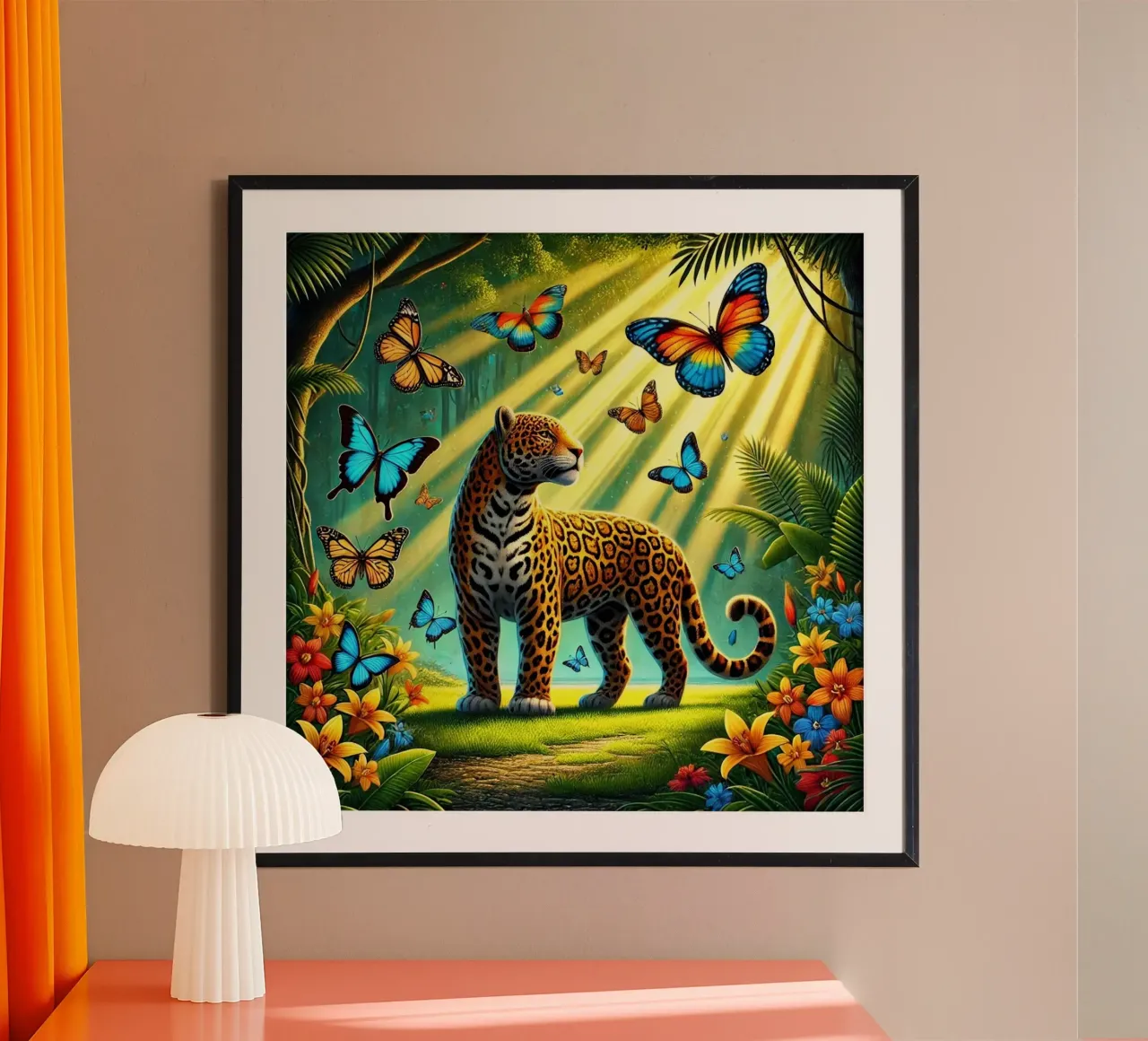 Giaguaro tropicale a cartoni animati poster con telaio in plastica da FluffyToons