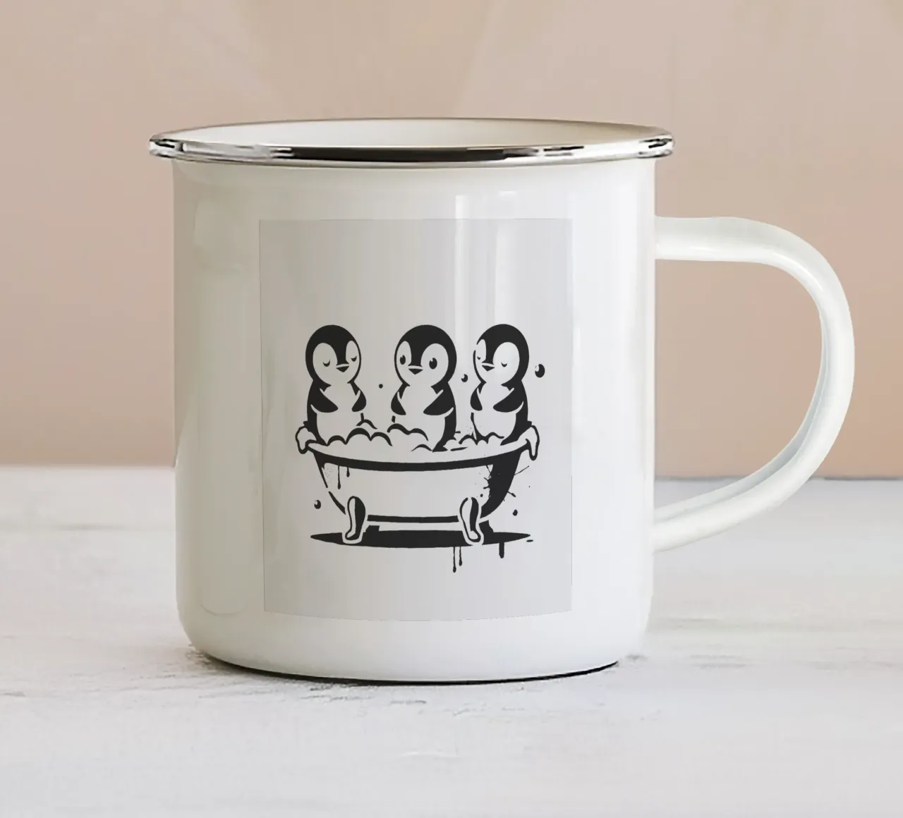 Allegri pinguini nella vasca da bagno in stile stencil tazza in smalto da namosh