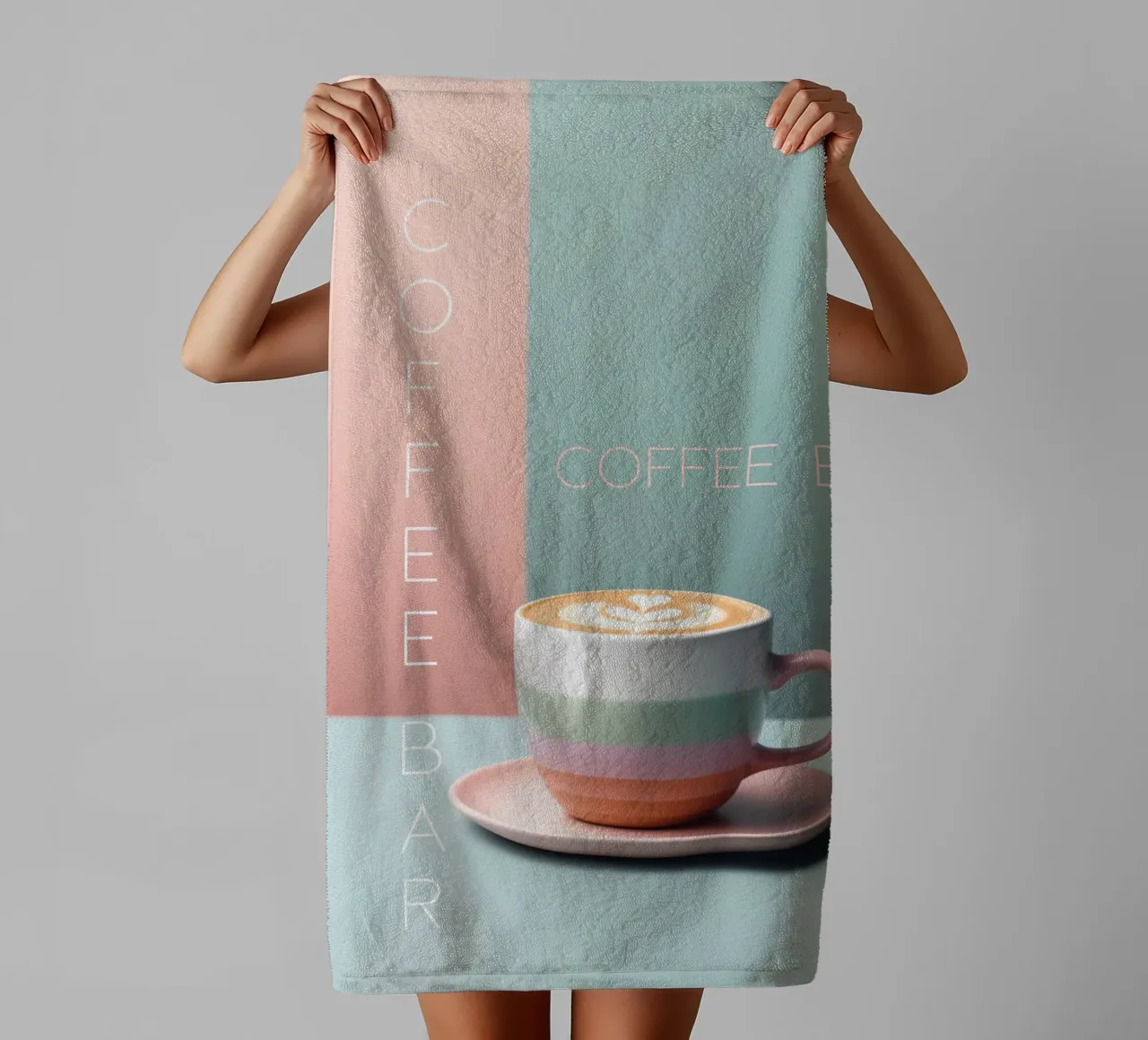 Pastelkleurige koffiebar mok badhanddoek van Carinaprint