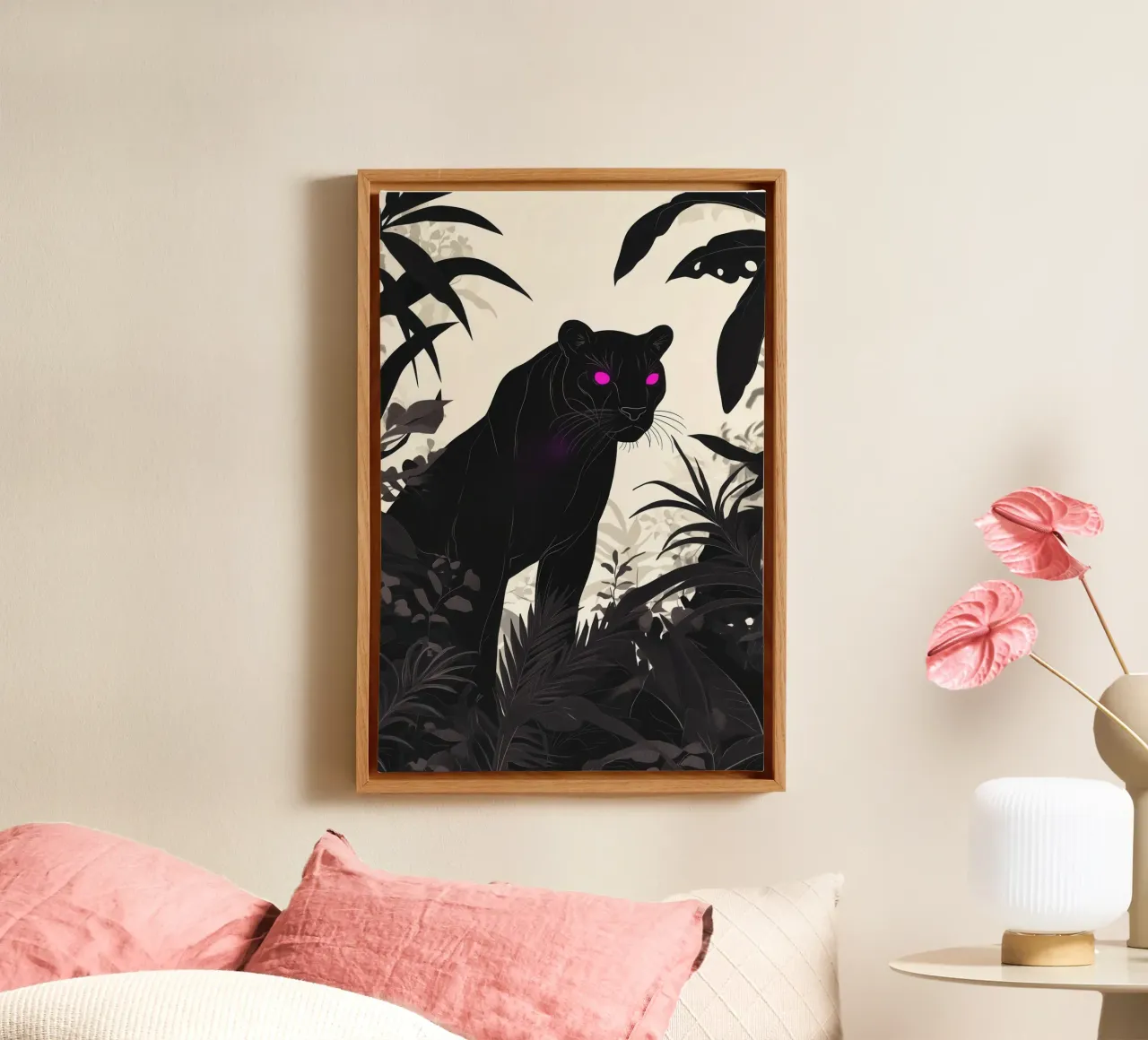 Mysterieuze decoratieve zwarte panter met paarse ogen canvas met Baklijst van Autofocus