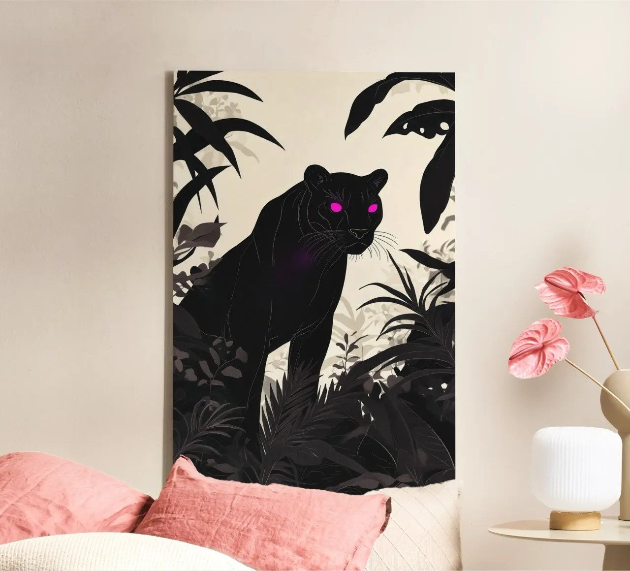 Mysterieuze decoratieve zwarte panter met paarse ogen canvas met Baklijst van Autofocus
