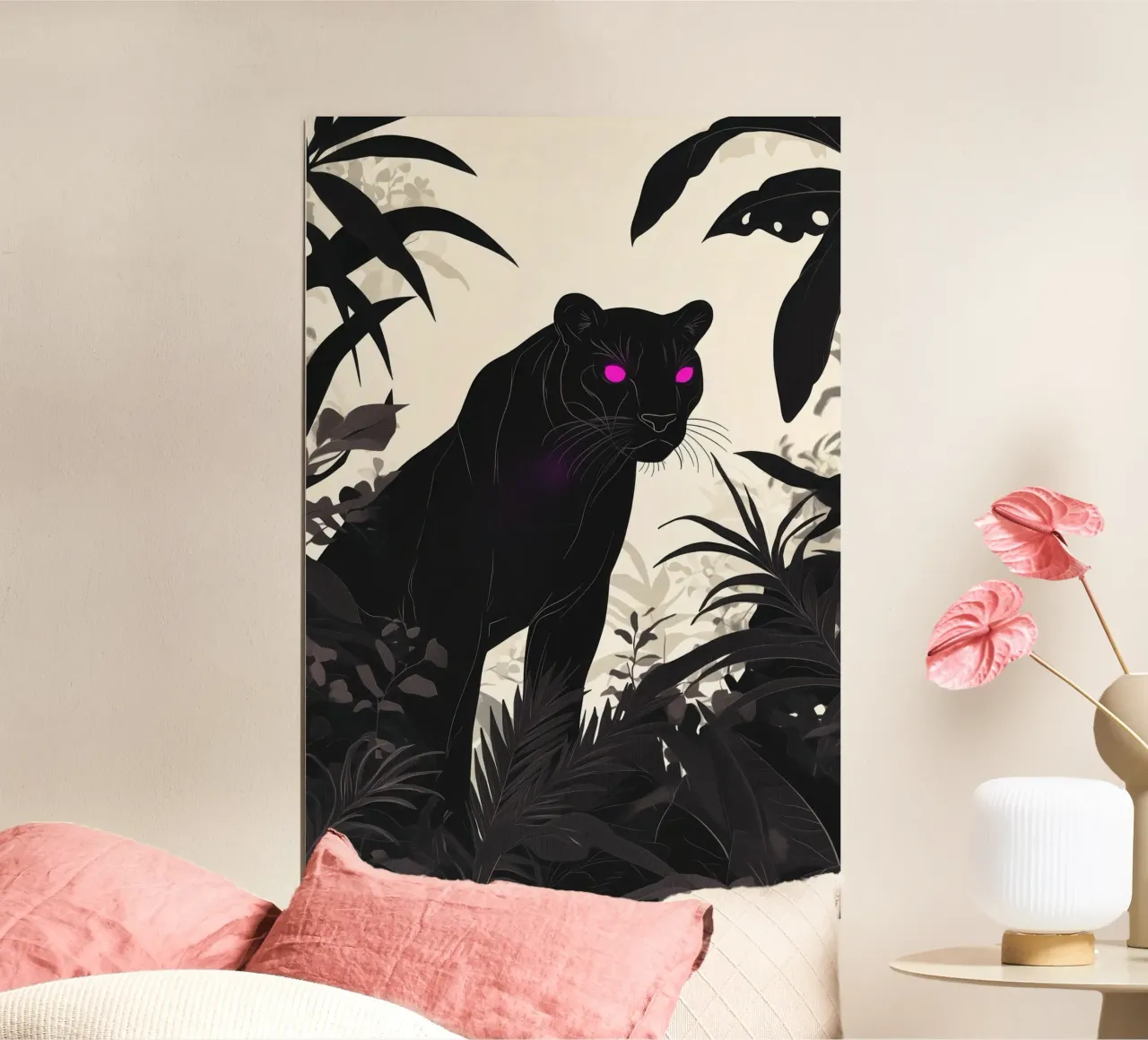 Misteriosa pantera nera decorativa con occhi viola poster con telaio in alluminio da Autofocus