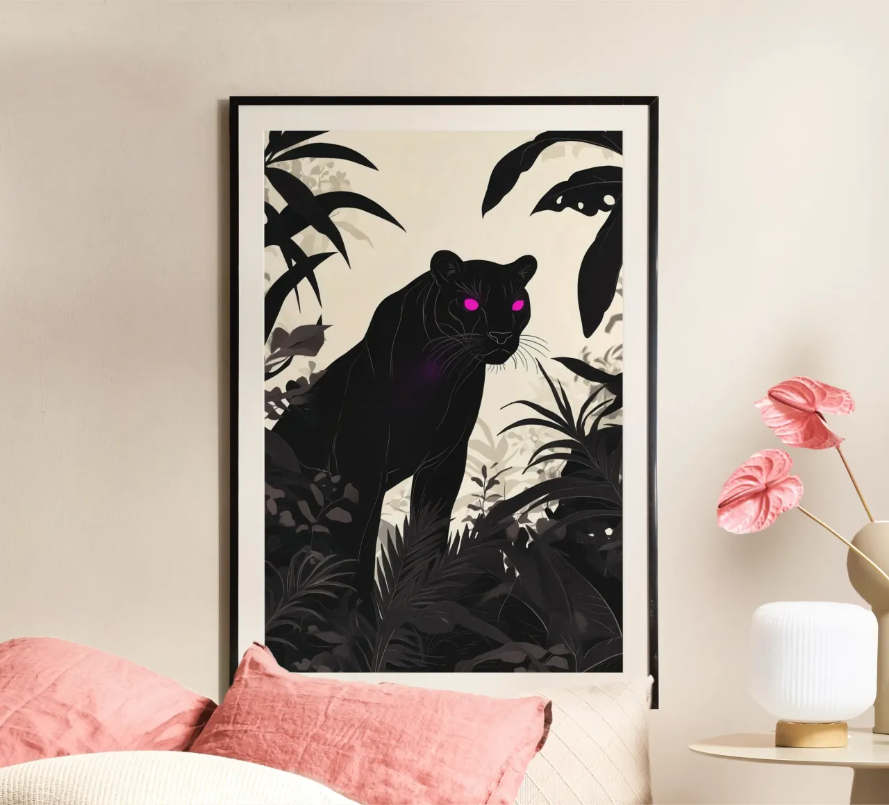 Misteriosa pantera nera decorativa con occhi viola poster con telaio in alluminio da Autofocus