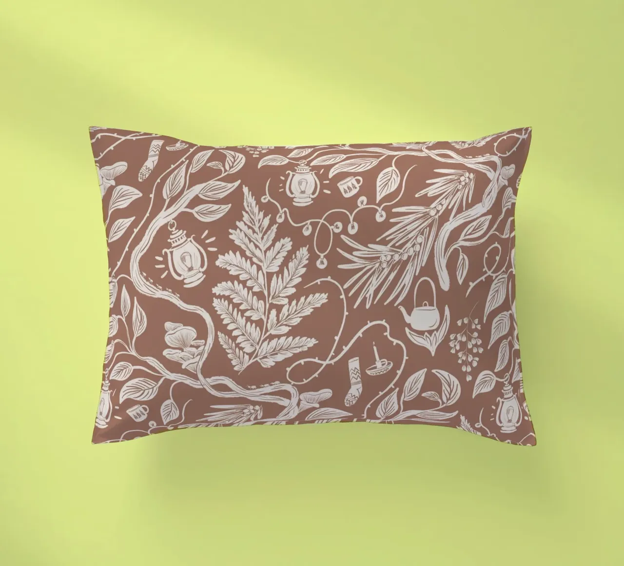 Cabincore Scene - Mocha Mousse Pantone Color decorative cushion by anisillustration