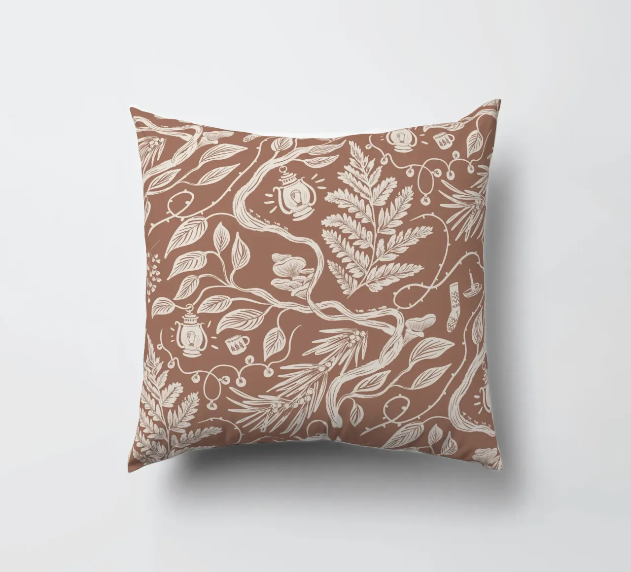 Cabincore Scene - Mocha Mousse Pantone Color decorative cushion by anisillustration