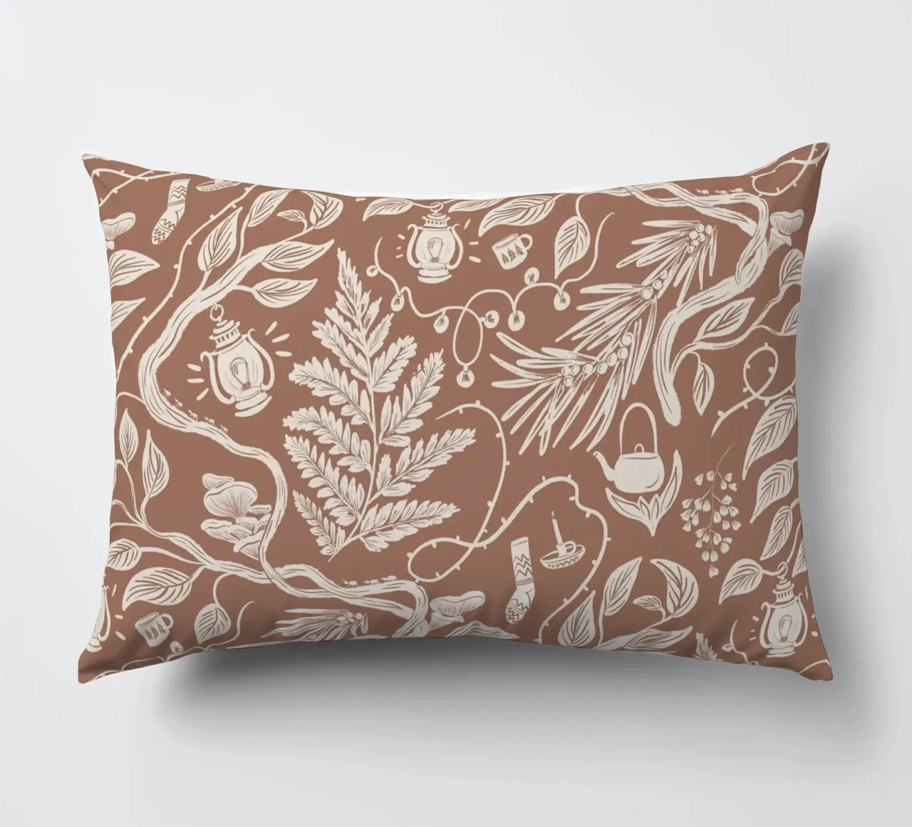 Cabincore Scene - Mocha Mousse Pantone Color decorative cushion by anisillustration