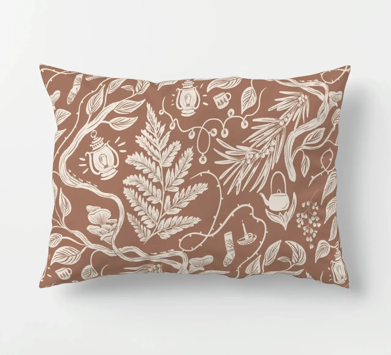 Cabincore Scene - Mocha Mousse Pantone Color decorative cushion by anisillustration