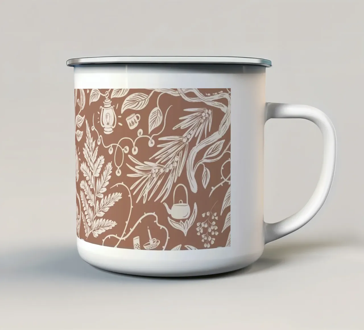 Cabincore Scene - Mocha Mousse Pantone Color mug en émail de anisillustration