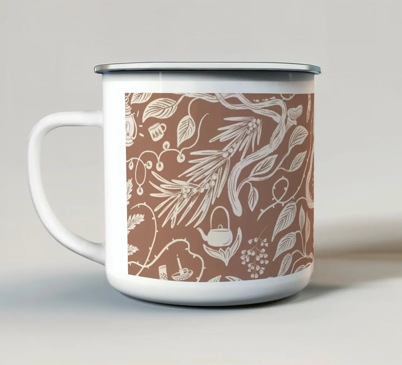 Cabincore Scene - Mocha Mousse Pantone Color enamel mug by anisillustration