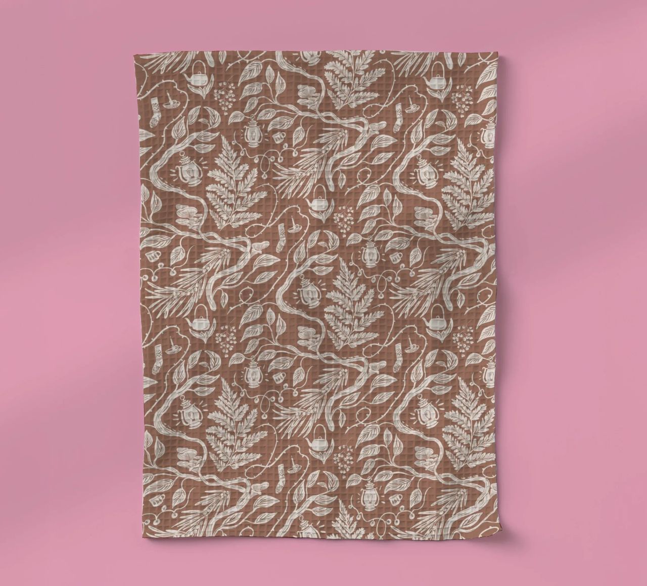 Cabincore Scene - Mocha Mousse Pantone Color tea towel by anisillustration
