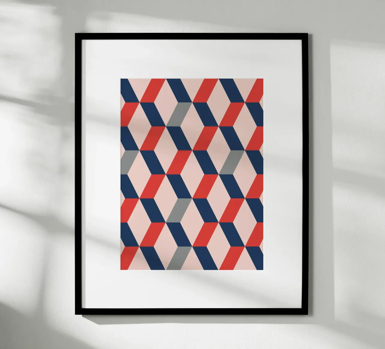Stampa murale moderna geometrica rossa e blu poster con telaio in alluminio da kookiepixel