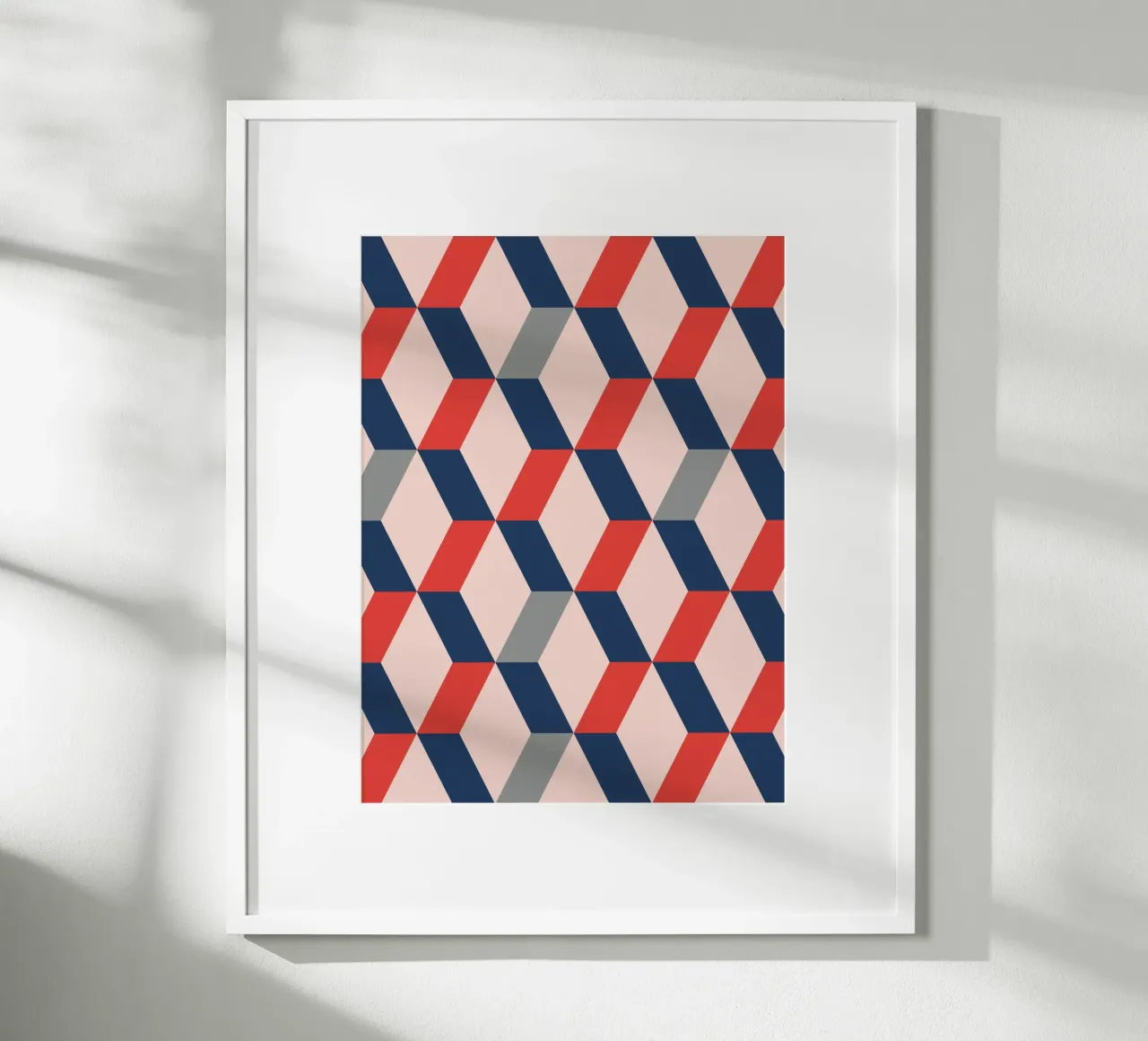 Stampa murale moderna geometrica rossa e blu poster con telaio in alluminio da kookiepixel