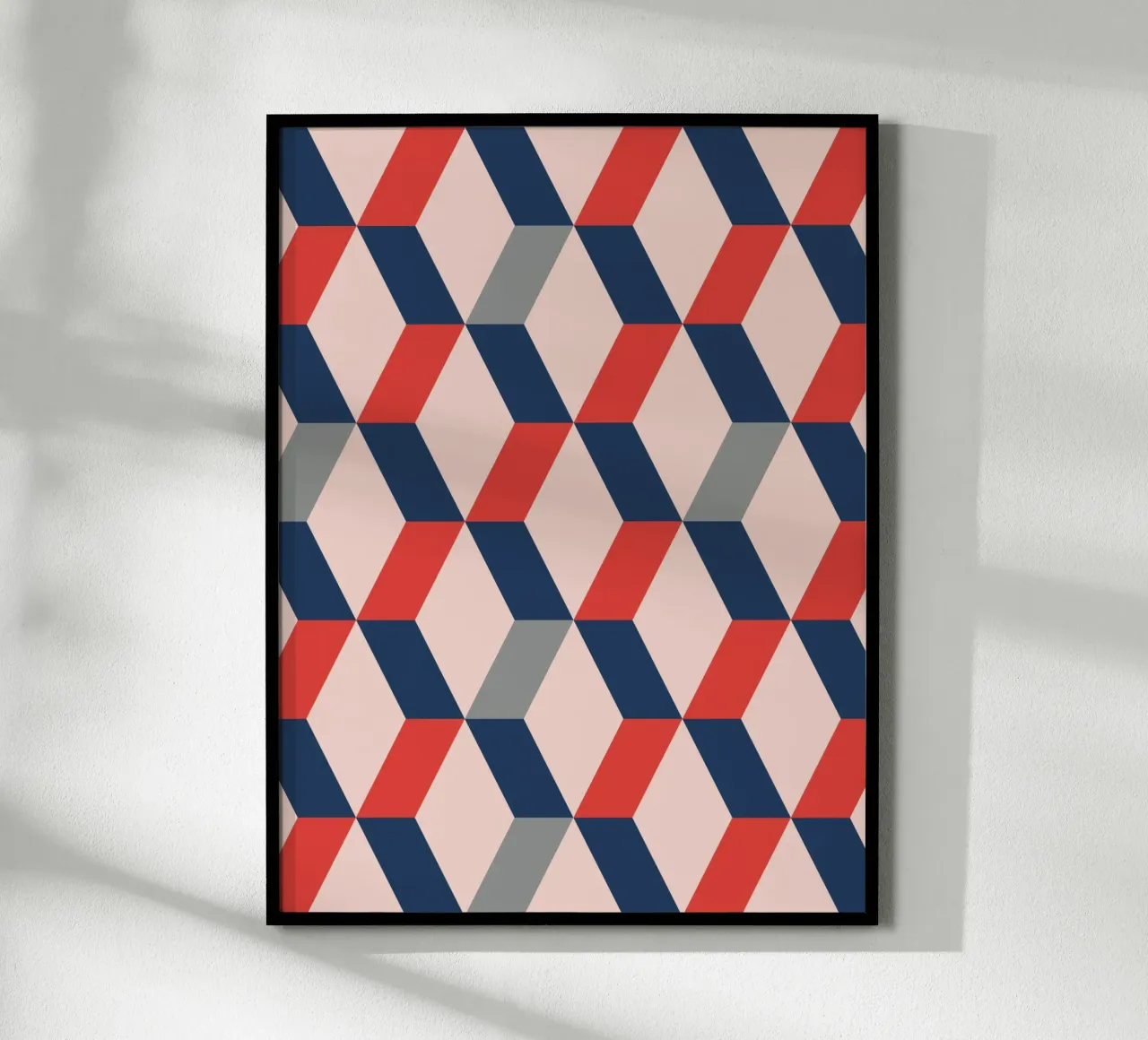 Stampa murale moderna geometrica rossa e blu poster con telaio in alluminio da kookiepixel