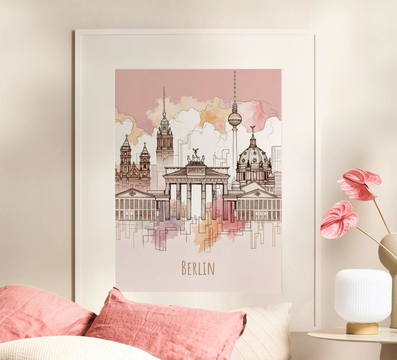 Berlin City minimalist modern landmarks print in watercolor poster by WijdevenDesign