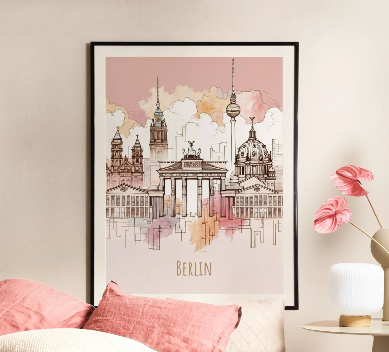 Berlin City minimalist modern landmarks print in watercolor poster by WijdevenDesign