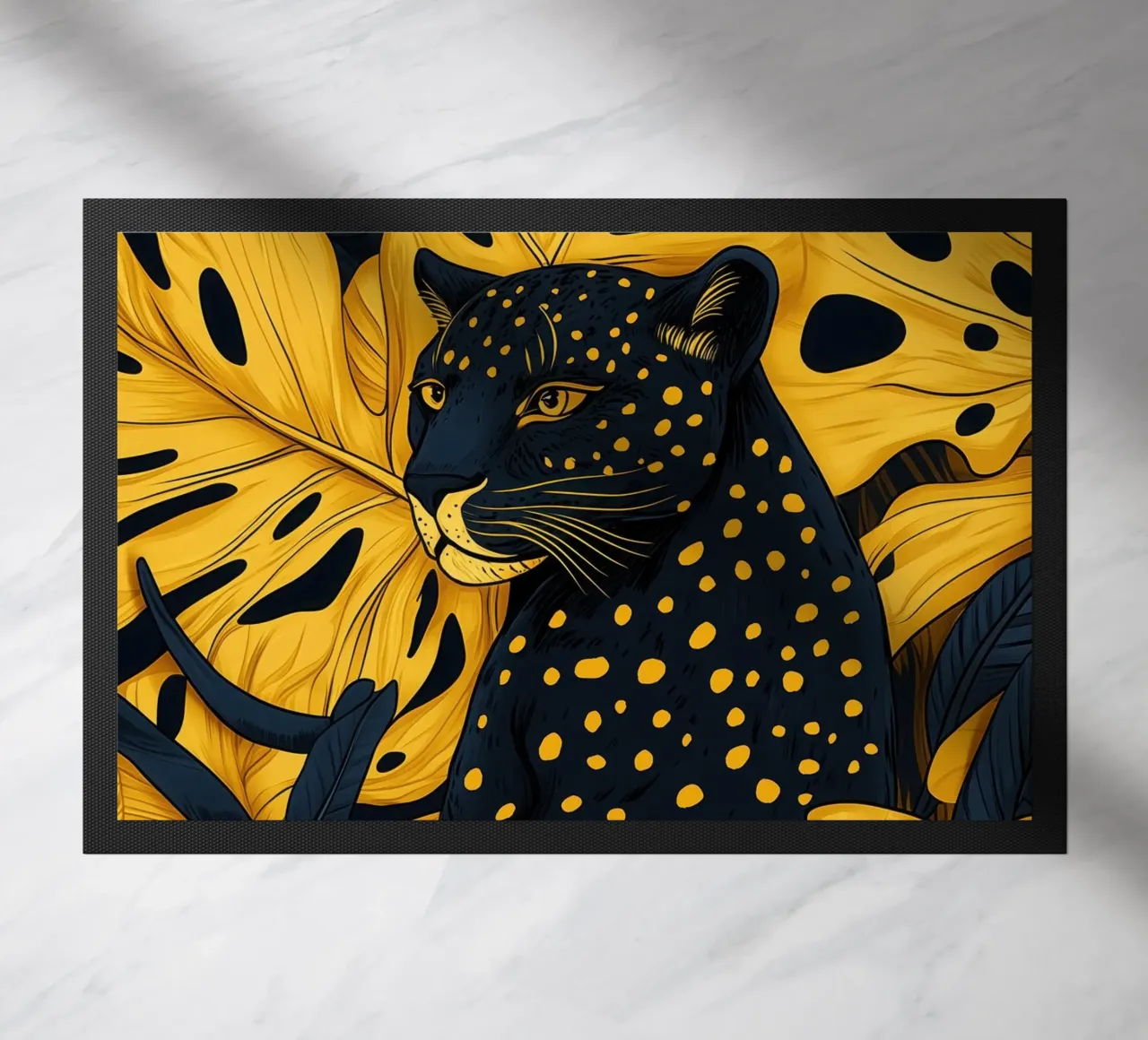 Pantera boho nera con piante d'appartamento dorate zerbino da Autofocus