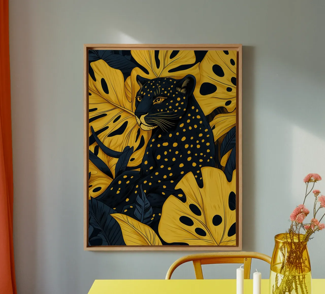 Pantera boho nera con piante d'appartamento dorate tela con Cornice a cassetta da Autofocus