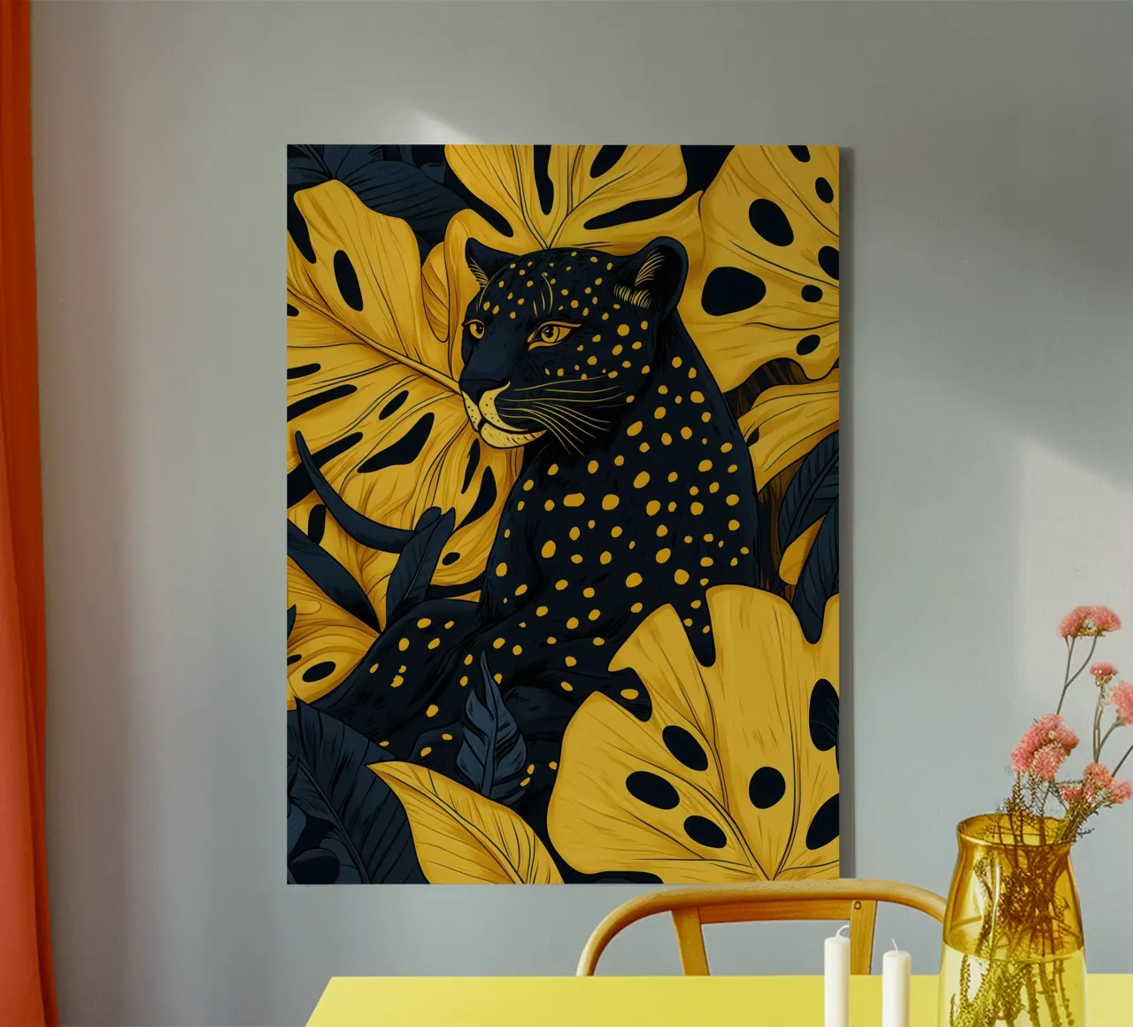 Pantera boho nera con piante d'appartamento dorate tela con Cornice a cassetta da Autofocus