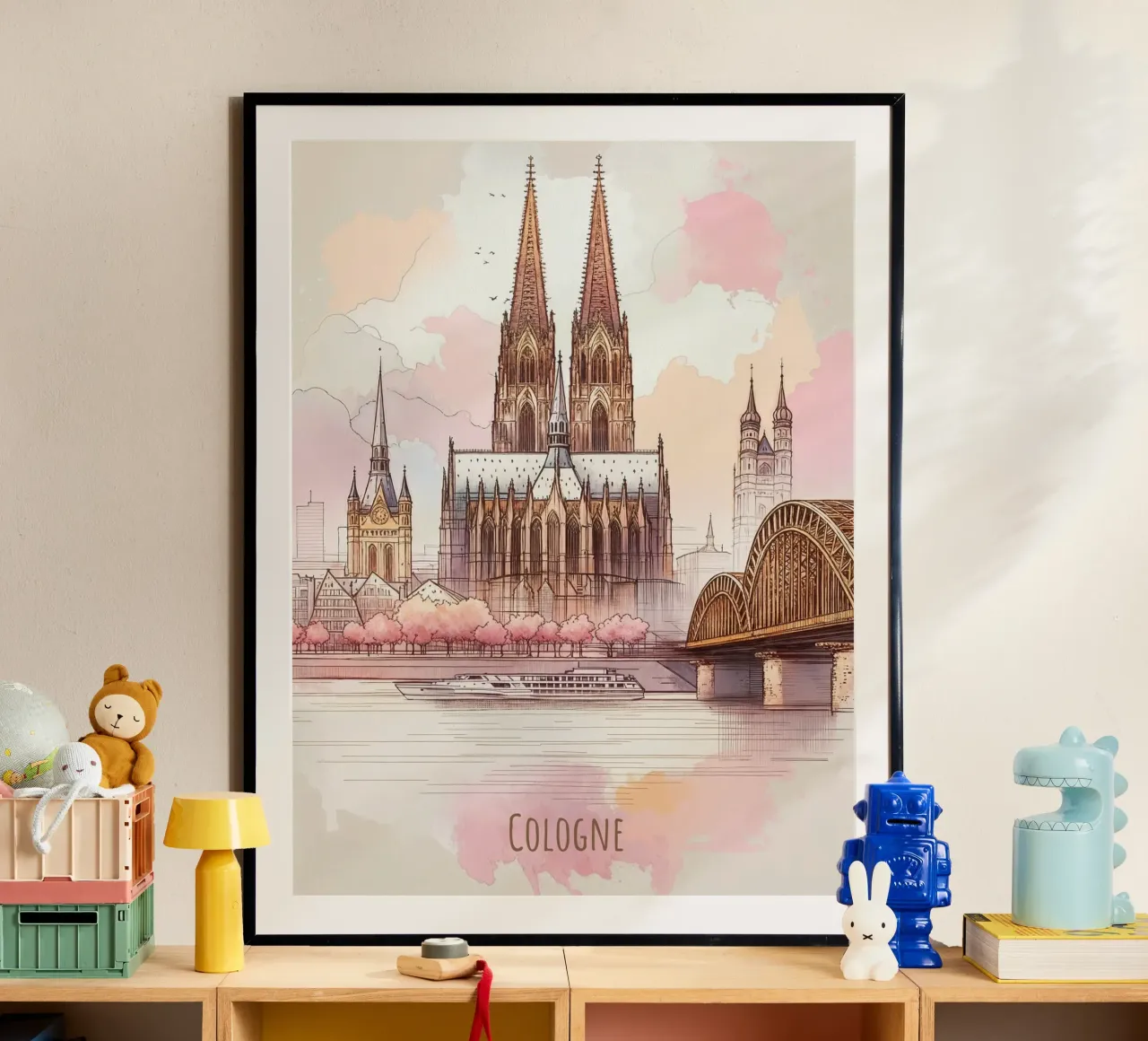 Stampa moderna e minimalista della città di Colonia poster con telaio in alluminio da WijdevenDesign