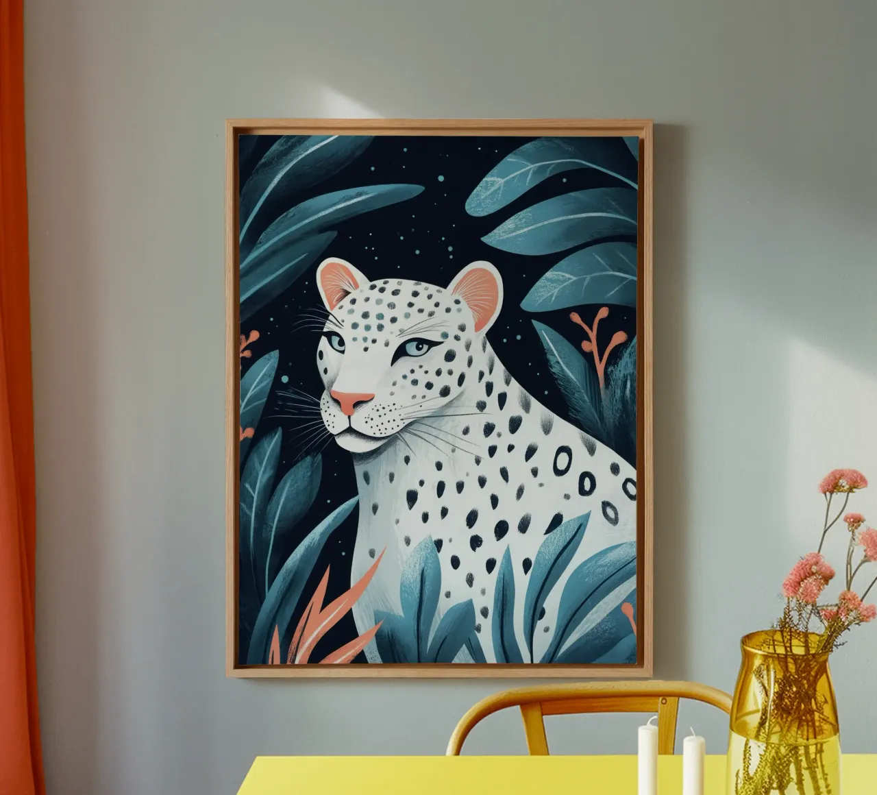Magical white leopard in the moonlight canvas with Floater frame by Autofocus