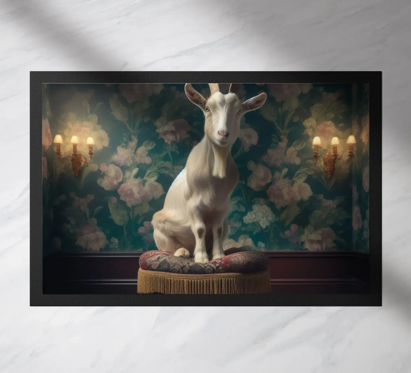 The Floral Parlour Goat – Whimsical Vintage Animal Portrait doormat by Animal Portraits